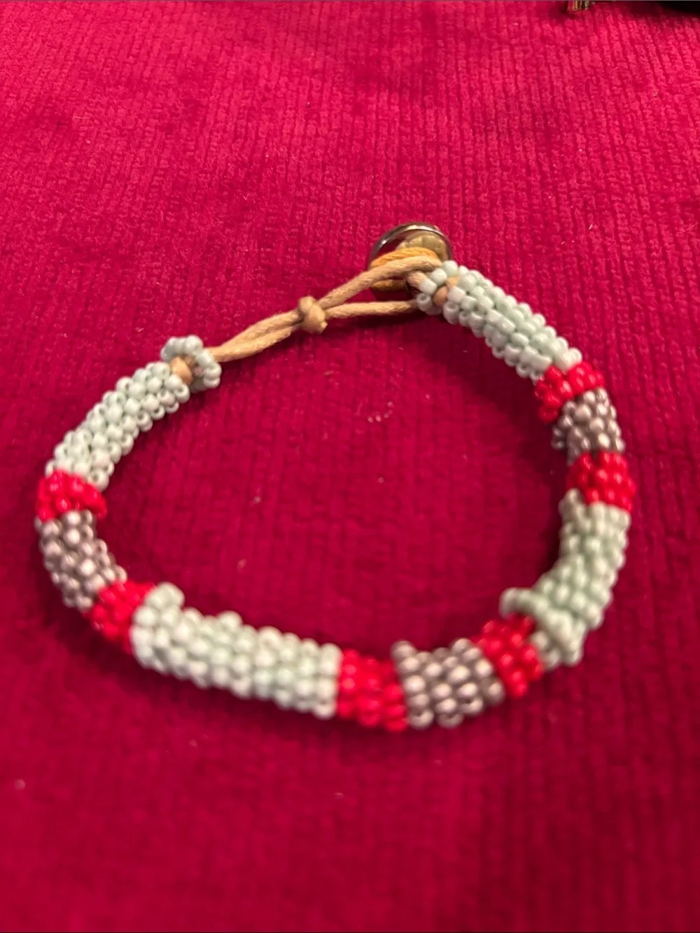 Seed Bead Bracelet in Light Blue, Red & Silver
